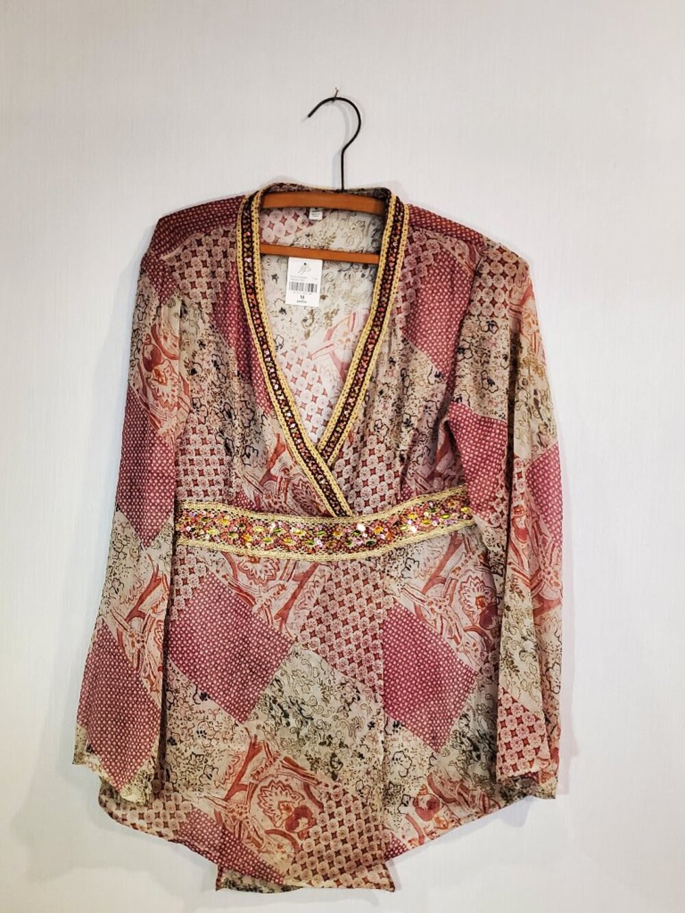 J Jill Pink and Beige BOHO Print Sheer Beaded V Neck Tunic Top Women's Medium